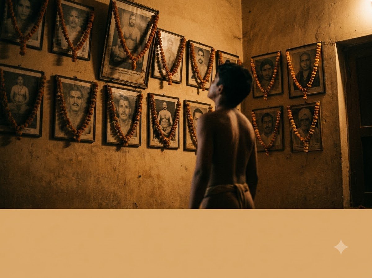 A young wrestler looking at portraits of past gurus on an akhara wall — Beri, Jhajjar district, Haryana
