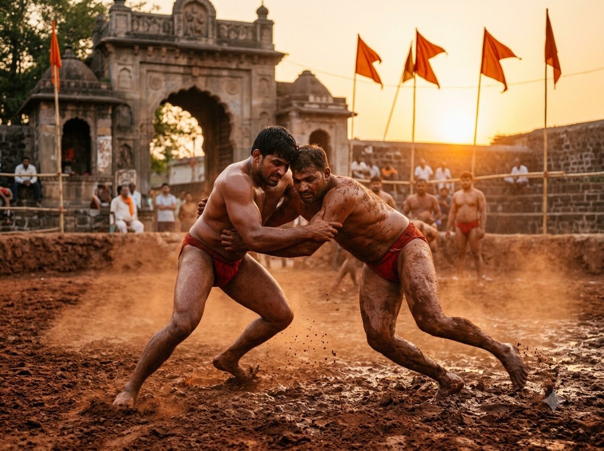Wrestlers grappling in a mud akhara pit — Jhajjar, Jhajjar district, Haryana