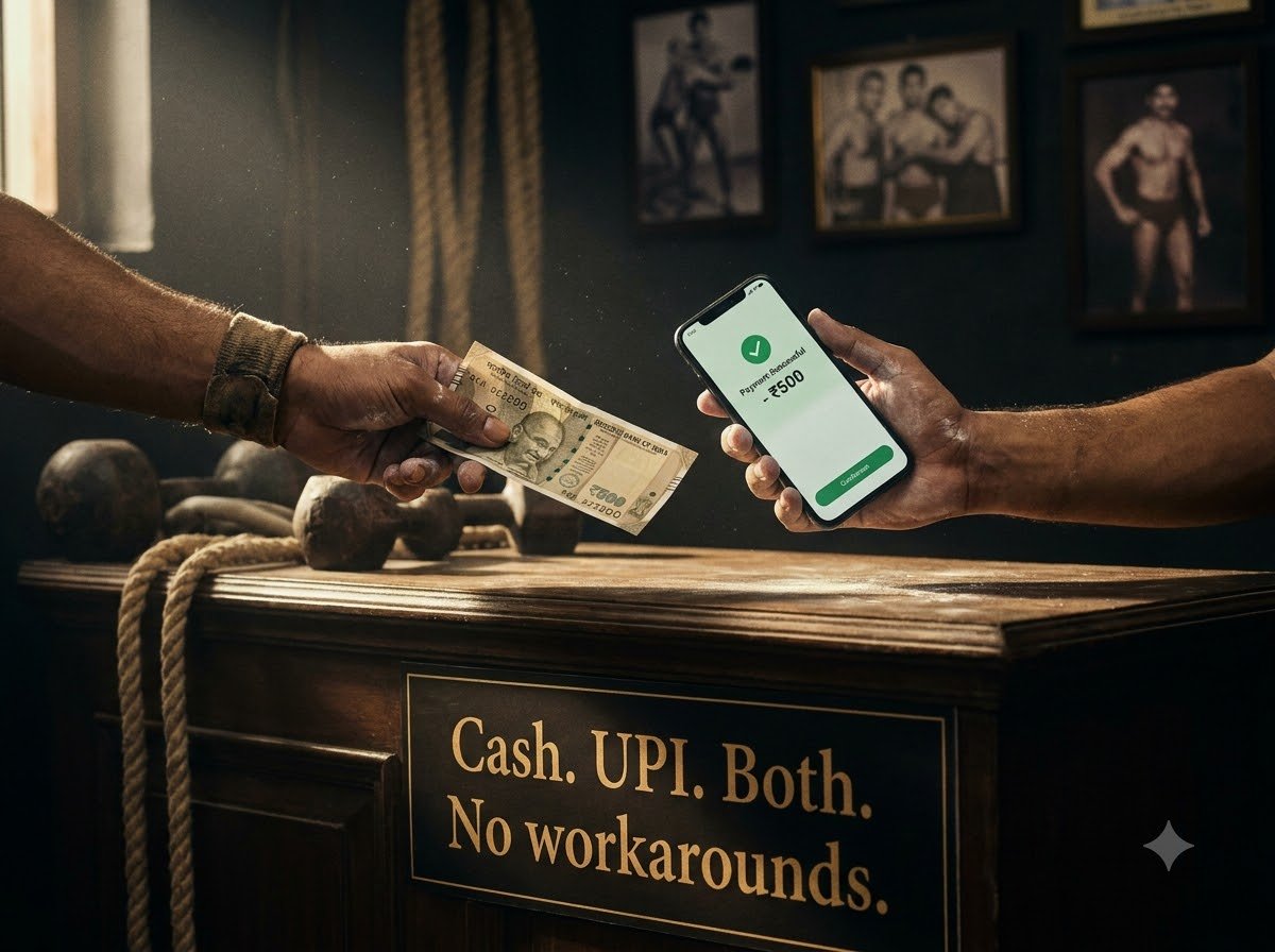 A member paying at a gym counter — Hisar, Hisar district, Haryana