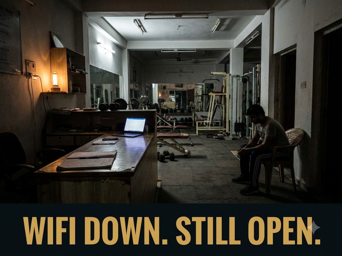 A gym reception still open during a power cut, tablet glowing on the counter — Faridabad, Faridabad district, Haryana